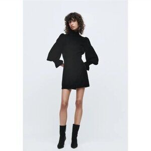 Black Puff-Sleeve Mini Dress - Sleek High Neck